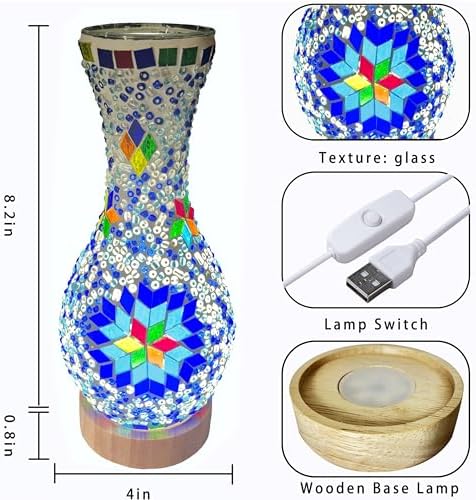 Mosaic Vase Lamp, Turkish Table Lamp with Wood Base, USB LED - Image 4