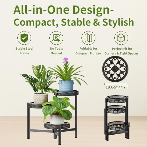 Metal Plant Stand Indoor Outdoor, 3 Tier Corner Tall Plant Shelf for Multiple Plants, Tiered Plant Stand, Heavy Duty Flower Plant Holder, Folding Tall Rack for Garden Patio Lawn Balcony - BlackWave - Image 5