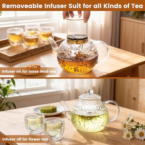 Bandesun Vintage Glass Teapot Set with 4 Cup, 32oz Borosilicate Tea Pot with Removable Infusers for Blooming and Loose Leaf Tea, Tea Warmer with Candlelight, Stovetop Safe, Gift for Women and Adults - Image 5