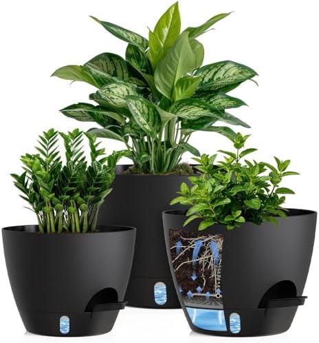 Self Watering Pots with Drainage Holes, 3 Pack 12/10/8 Inch Plant Pots with Water Level Indicator Deep Reservoir, Large Plastic Planter for Indoor Outdoor Plants - Black by KUGAZ