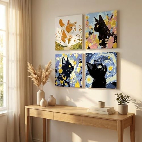 YONEYO 4 Pack Framed Cat Paint by Numbers for Adults, Cute Animal & Kitten DIY Acrylic Canvas Painting Kit with Mini Easels, Relaxing Art Craft Gift for Pet Lovers & Home Decor, 8x8 Inch - Image 2