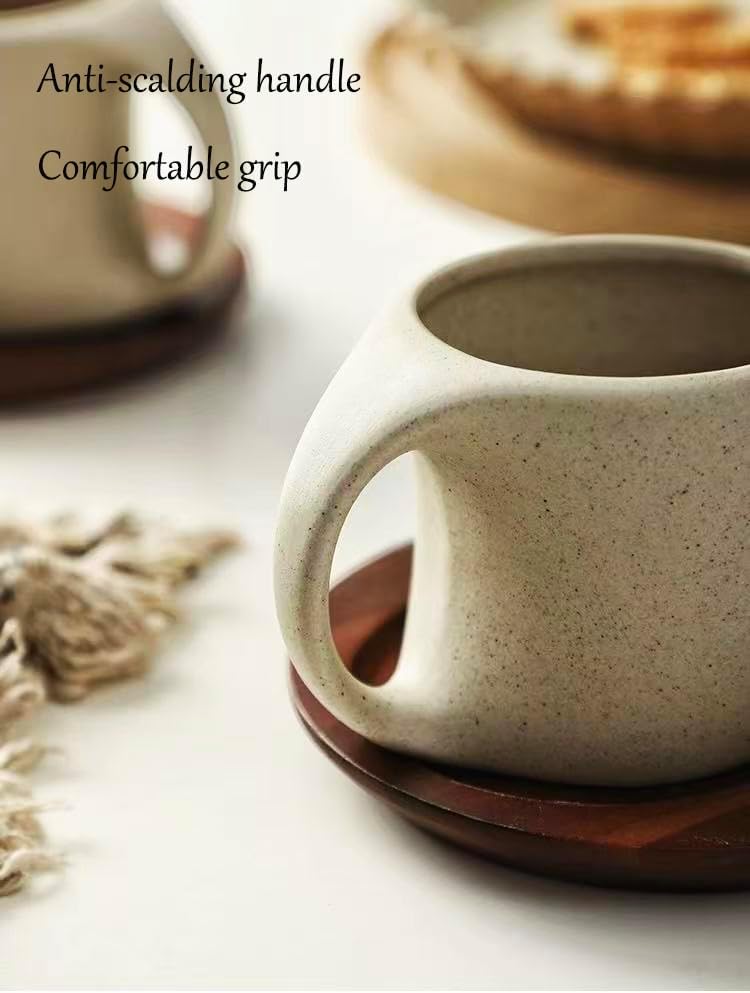 6 oz Clay Cup and Wood Saucer Set of 1, Ceramic Coffee Latte Art Mug With Saucer, Cafe Cups for Cappuccino, Espresso, Coffee, Tea, Porcelain Set for Baristas, Great Gift - Image 5