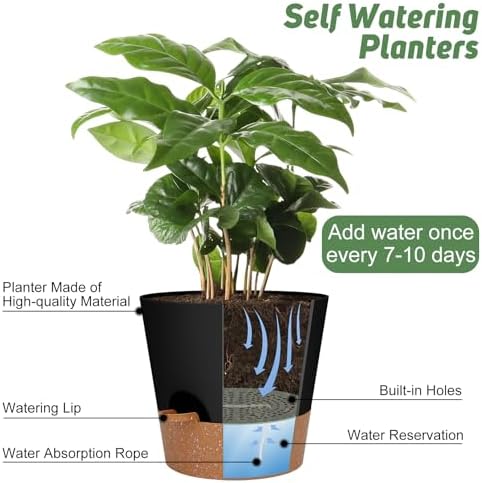 YNNICO 10-Inch Plant Pots, Self-Watering Planters with Drainage Holes & Saucers for Indoor and Outdoor Plants (2-Pack, Black) - Image 5