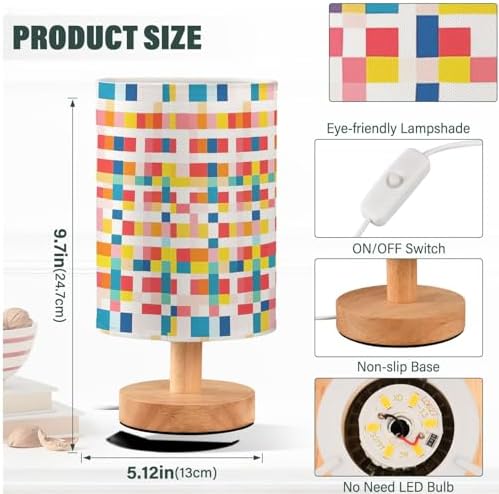 Vibrant Mosaic Colorful Checkered Bedside Table Lamps with USB Port for Bedroom Lamp Table Lamp Small Nightstand Lamp Sturdy Linen Shade Wooden Decorative Lamps for Home Dorm Office Living Room - Image 4