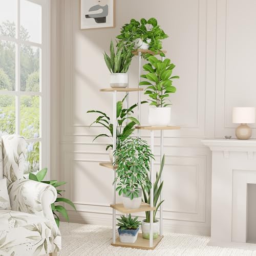 Bamworld White Plant Stand Indoor Tall Metal Wood Plant Shelf by Bamworld