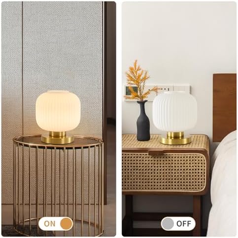 White Glass Table Lamp,Vintage Gold Base Ribbed Bedside Lamp - Image 4