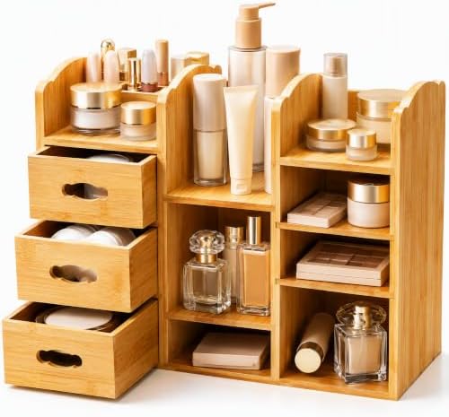 Coloch Bamboo Makeup Organizer with Drawers, Large Cosmetics Storage Shelf for Vanity Countertop Skincare Organizer for Desktop, Skincare, Beauty Supplies, Cosmetics Display, Stationery Storage by Coloch
