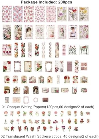 Esweny 200PCS Vintage Scrapbooking Supplies Pack, Aesthetic Scrapbook Sticker Paper Art Journaling Kit for Junk Journals,Planner,Cottagecore Decor Gifts (Pink Series) - Image 2