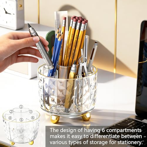 GOTOBA 360° Rotating Pencil Holder for Desk, Makeup Brush Holder with 6 Slots, Desk Organizer for Writing Utensil, Office and School Supplies (Transparent) - Image 3