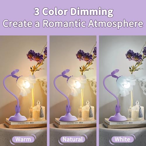 Women Bedside Table Lamps for Bedroom, Cute Flower Desk Lamp with Adjustable Flexible Gooseneck, 3 Color Temperatures Nightstand Lamp with E26 LED Bulbs, Floral Lamp for Living Room, Office,Reading - Image 2