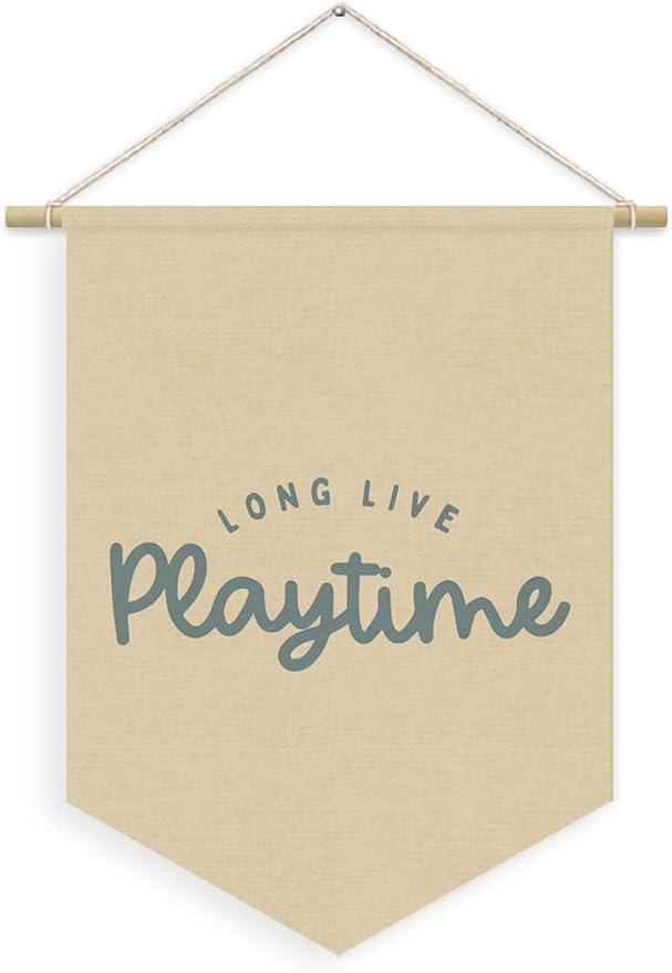 Playroom Decor, Long Live Playtime Neutral Linen Canvas Banner, Play Room Wall Hanging Pennant Flag Banner for Nursery Toddler Kids Room Bedroom Playroom Decor, 15x11in