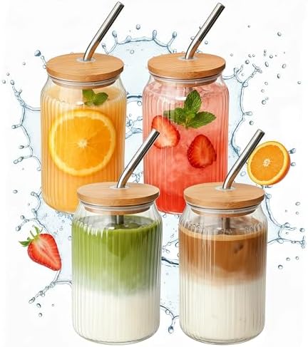 4 Packs Ribbed Glass Tumbler with Lid and Straw 16 oz Cute Ice Coffee Cup Set for Smoothie Juice Matcha Tea Latte Cappuccino Espresso Hot Coffe Water Reusable Clear Travel Boba Aesthetic Drinking Mug by Unknown