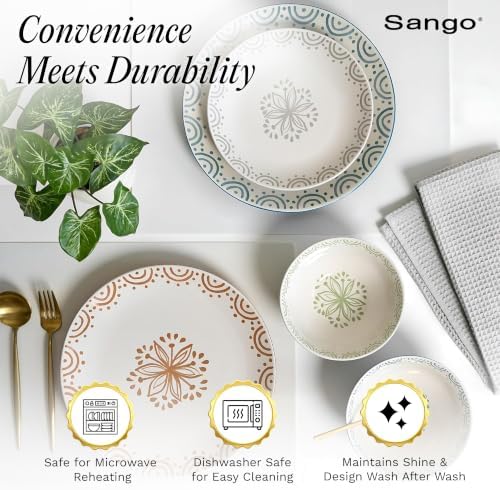 Sango 12-Piece Speckled Stoneware Dinnerware Set for 4- Glossy Plates and Bowls Set with Hand-Painted Floral Pattern, Rustic Ceramic Dish Set, Elegant Dishes for Everyday Dining, Siterra Glazed Garden - Image 5