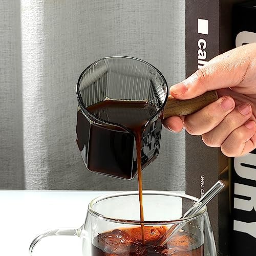 Joeyan 4 oz Grey Double Spouts Measuring Triple Pitcher Milk Cup with Wood Handle,Ribbed High Borosilicate Glass Measuring Cup, Espresso Shot Glasses - Image 4