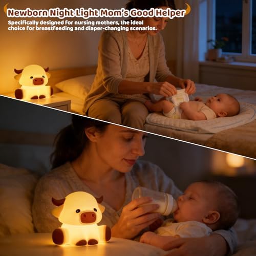 Cute Highland Cow Rechargeable Night Light, LED Touch Silicone Lamp for Bedroom with 7 Colors Timer and Dimmable Squishy Warm Night Lights, Novelty Animal Lamp for Nursery Birthday Gift - Image 5