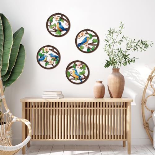 HPNIUB Bird on Birch Tree Branch Wall Decor, Modern Green Leaves Little Birds Laser Cut Artwork, 4 Pieces 10''x10'' Rustic Farmhouse Nature Animals Wall Hanging Plaque for Living Room Bedroom - Image 5