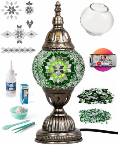 KRAFTSTORIES Turkish Mosaic Lamp Kit DIY Glass Decorative Table Bedside Night Light Tabletop for Living Room Bedroom | Make Your Own Lamp | Antique Bronze Base (Green) by Kraftstories