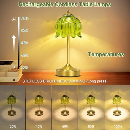 Cordless Table Lamp, Rechargeable Green Glass Lotus Flower Lamp - Image 5