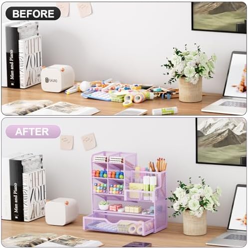 Marbrasse Mesh Pen Holder for Desk, Multi-Functional Pencil Organizer with Drawer, Desk Organizers and Accessories for Office Art Supplies (Purple) - Image 3