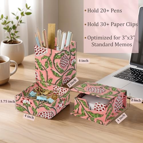 Ridhi Strawberry Pink Block Print Office Desk Organizer Pen & Note Holder - Image 5