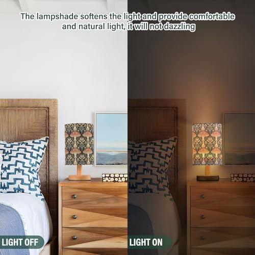 William Morris Style Mushroom Table Lamp for Bedroom USB Port Lamps Small Accent Table Lamp Nightstand Lamp Sturdy Linen Shade Wooden Base Decorative Lamps for Bedside Reading|Kids|Dorm|Home - Image 3