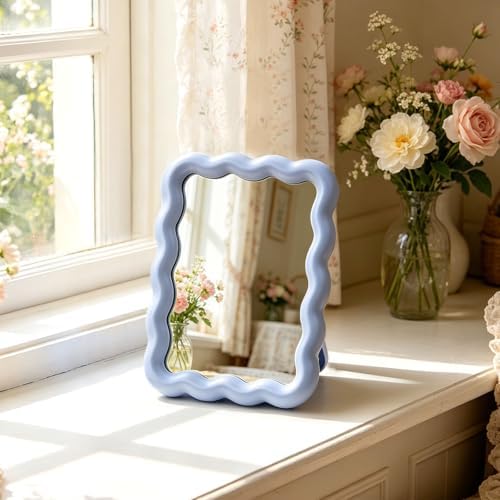 Wave Table Desk Vanity Makeup Mirror Small Make Up Office Mirror Blue by CCREDONE