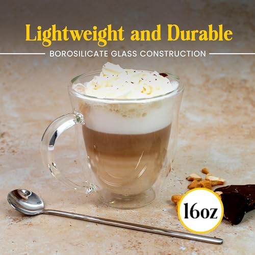 AYL Double Wall Clear Glass Coffee Mugs - 16 oz Insulated Clear Latte Mugs, Perfect for Espresso, Cappuccino, Latte, Tea - Elegant Glass Cups Set of 2 - Image 2