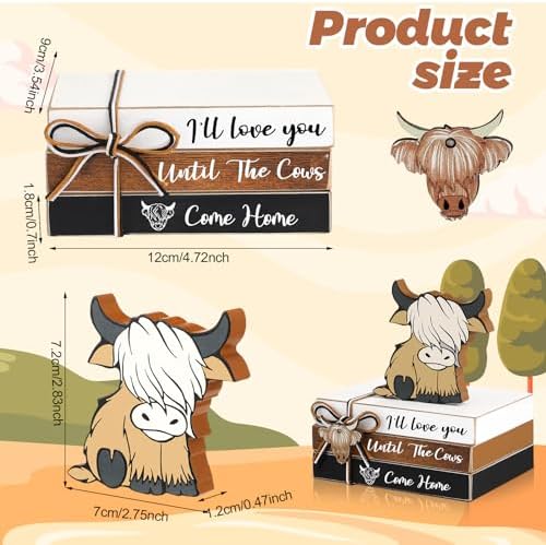 Yookeer 4 Pcs Highland Cow Tiered Tray Decor Mini Wooden Book Stacks - Image 3