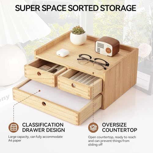 KIRIGEN Wooden Desk Organizer with 3 Drawers and Top Tray Natural DT2D3C-NA - Image 4