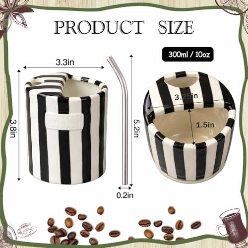Ceramic Coffee Mugs 10 oz Retro Striped Coffee Mug No Handle with Straw - Image 3