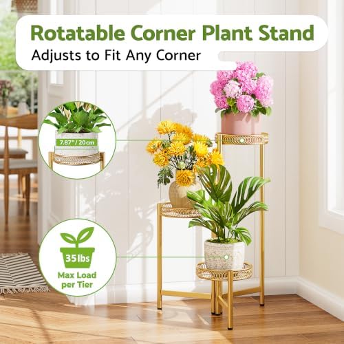 3 Tiered Gold Plant Stand Indoor Outdoor, Corner Tall Plant Shelf for Multiple Plants, Foldable Heavy Duty Plant Holder, Decoration Flower Pot Stand for Patio Balcony - GoldFlower - Image 2