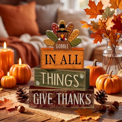 Moucuny 4 Pcs Turkey Wood Block Signs Fall Thanksgiving Tiered Tray Decor - Image 3