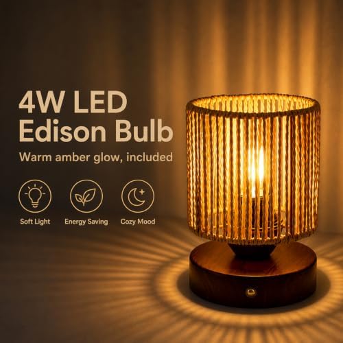 Cordless Rattan Table Lamp, 5000mAh Rechargeable Battery Operated Bedside Lamp with Edison Bulb, Stepless Dimmable Boho Cylinder Desk Light for Bedroom Living Room - Image 5