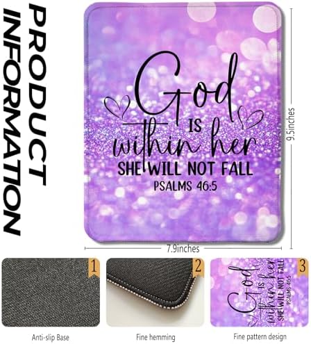 Purple Glitter Christian Mouse Pad, God is Within Her She Will Not Fall Bible Verse Mouse Pads for Wireless Mouse Computers Laptop Desk Accessories, Christian Gifts for Women, 9.5x7.9 Inch - Image 2