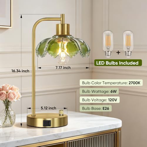 Glass Table Lamps Set of 2, Green Dimmable Bedside Lamps for Living Room - Image 3