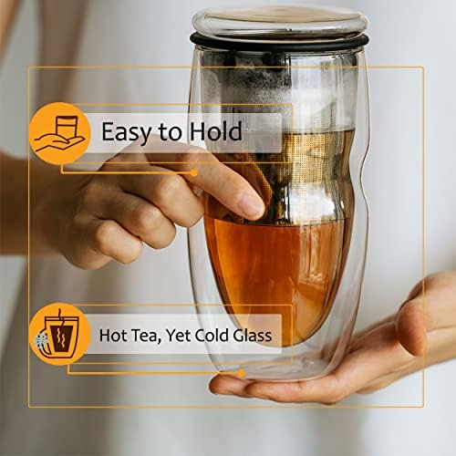 BTaT- Double Wall Glass Tea Cup With Stainless Steel Infuser and Lid, 16 oz, Borosilicate Glass Tea Mug Infuser, Gifts for Tea Lovers - Image 6