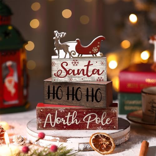 Moucuny 4 Pcs Christmas Wooden Block Signs Santa Reindeer Farmhouse Decor - Image 4