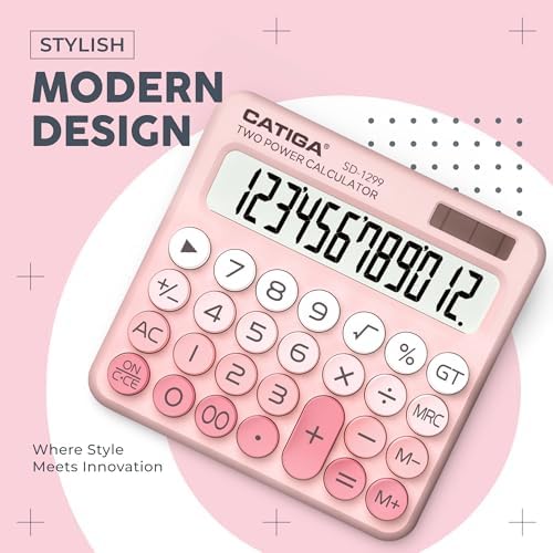 CATIGA Mechanical Switch Calculator with Solar and Battery Dual Power, 12-Digit Large LCD Display, Aesthetic and Cute Desktop Calculator with Big Button, for Home, School and Office Use, SD-1299 - Image 6