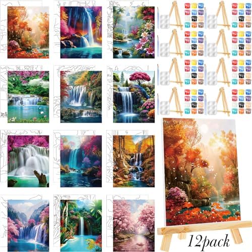 Zhanmai 72 Pcs 12 Sets Sip and Paint Kit Pre Drawn Canvas for Painting 8" x 10" Paint Party Canvas Painting Pre Printed Canvases for Party Favor DIY Virtual Adult's Date Night(Realistic Landscape) by Zhanmai