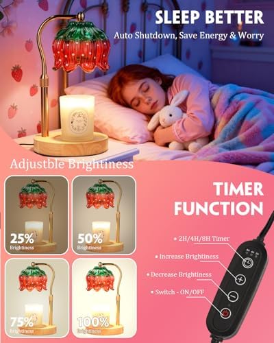 Funistree Flower Candle Warmer Lamp with Timer, Dimmable Candle Lamp Warmer, Christmas Birthday Gifts for Women Mom Her, Housewarming Home Decor, Lotus Wax Warmer for Yankee Candles - Strawb Flower - Image 6