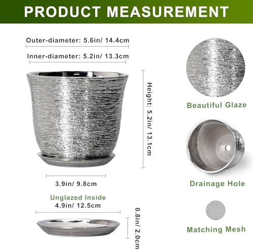 5.6 Inch Plant Pot, Ceramic Pots for Plants Indoor, Silver - Image 2