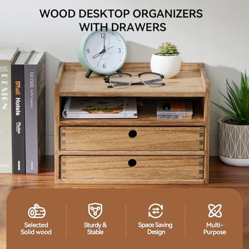 KIRIGEN Wooden Desk Organizer with 2 Drawers and Top Tray, Brown 3D2C-DBR - Image 3