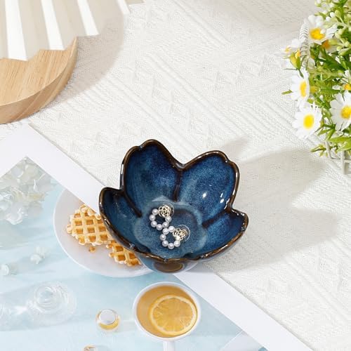 Koythin Flower Trinket Dish, Ceramic Jewelry Ring Holder Dish & Trinket Bowl, Small Decorative Plate Tray, Jewelry Plate Bowl for Rings, Keys, Earrings, Birthday Gifts, Bedroom Decor for Women (Blue) - Image 3