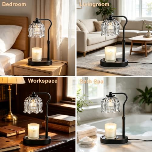 Briever Flower Candle Warmer Lamp, Adjustable Height Electric Candle Lamp with Timer & Dimmer, Wooden Base Wax Warmer, Christmas Birthday Housewarming Gifts for Women Mom, Black-Gray Glass - Image 7