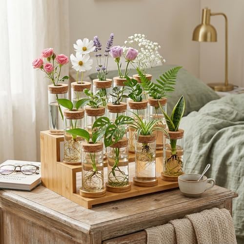 16 Pcs Propagation Vases with Bamboo Stand and Hole Lid, Glass Plant Propagation for Plants Water Hydroponic Desktop Office Home Vase Decoration(Classic Style) - Image 5