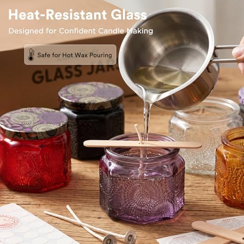 LumaCraft 12 Pack 4oz Glass Candle Jars with Lids, Hexagon Embossed Candle Making Containers, Empty Candle Jars with 20 Wicks & Labels for DIY Candle Making, Party Favors, Home Decor - Image 4