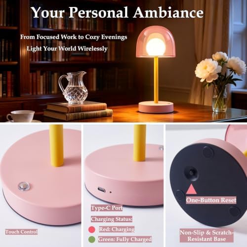 Pink Mushroom Lamp, Cordless Rechargeable Touch Table Lamp for Bedroom - Image 6