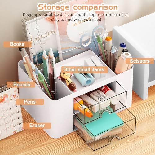 Cayxenful Pencil Pen Holder for Desk,2 Drawer Desk Organizers,5 Compartments Desktop Storage Stationery Supplies Organizer, Cute Pencil Cup Pot For Office, School, Home(White) - Image 2