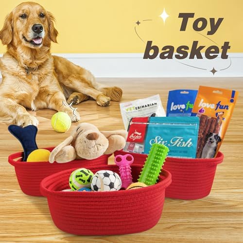 Pro Goleem Small Woven Basket with Gift Bags and Ribbons Durable Baskets for Gifts Empty Small Rope Basket for Storage 12"X 8" X 5" Baby Toy Basket with Handles, Red - Image 6