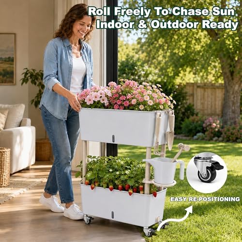 2-Tier 27.8"H Rolling Raised Garden Bed with Wheels, Self Watering Planter Box with Visible Water Level, Gray Rustproof Plastic Herb & Strawberry Planter for Indoor Outdoor Vegetables Flowers, DIY Kit - Image 2
